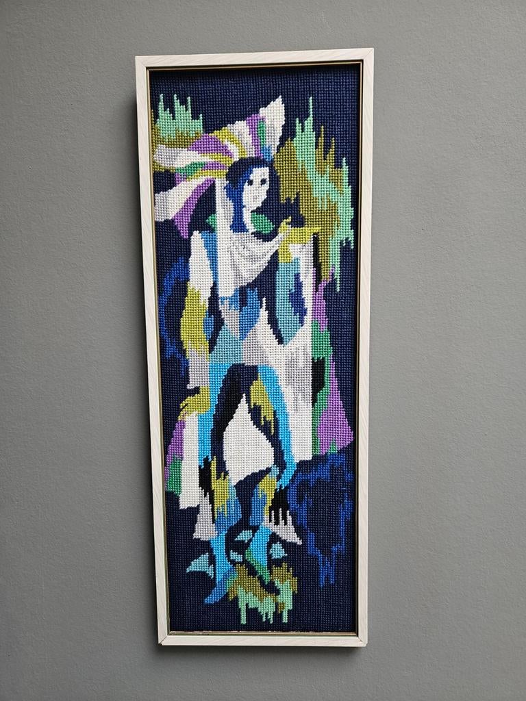 Frans vintage canvas wanddecoratie Harlekijn met frame 1960, Ophalen of Verzenden