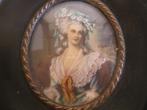 Vintage handgeschilderd miniatuur portret dame met hoed, Antiek en Kunst, Verzenden