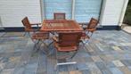 Kircodan tafel + 4 stoelen in teak en roestvrij staal, Tuin en Terras, Ophalen