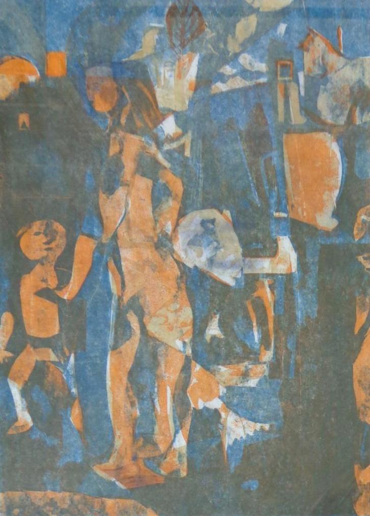 ONLEESBAAR / FIGUREN / HOUTSNEDE / 67x52cm / KADER / SIG, Antiek en Kunst, Kunst | Litho's en Zeefdrukken, Ophalen of Verzenden