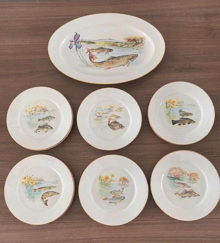 Porselein van Domino Limoges — vintage visservies, Antiek en Kunst, Antiek | Servies compleet, Ophalen
