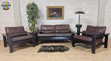 Set Vintage Lederen Zitgroep - Bank en 2 Fauteuils (60s) beschikbaar voor biedingen