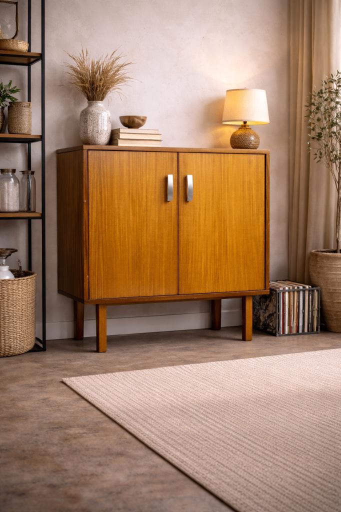 Prachtig vintage bijzetkastje, Huis en Inrichting, Kasten | Roldeurkasten en Archiefkasten, Gebruikt, Overige houtsoorten, Meerdere deuren