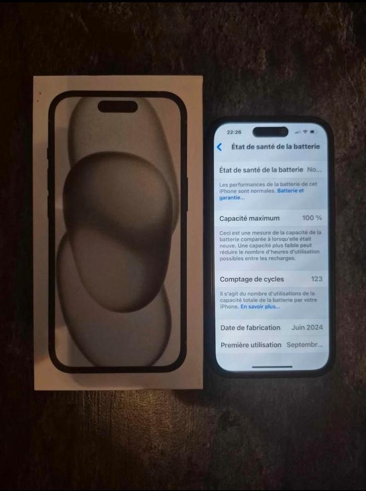 IPHONE 15 ZWART 100% BATTERIJ, Telecommunicatie, Mobiele telefoons | Apple iPhone, Zo goed als nieuw, 128 GB, iPhone 15, Zwart