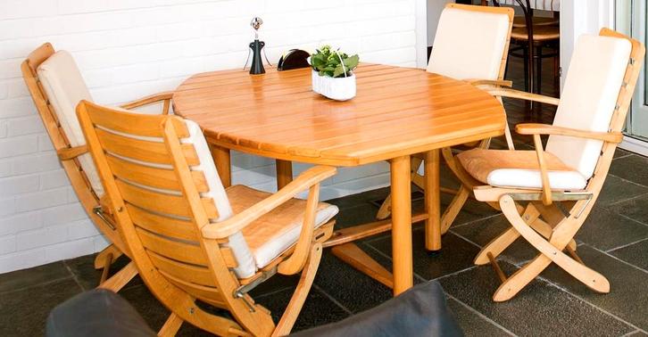 Vintage. Prachtig set tafel en 6 stoelen/zetels ‘Clairitex’, Tuin en Terras, Tuinsets en Loungesets, Gebruikt, Loungeset, Hout
