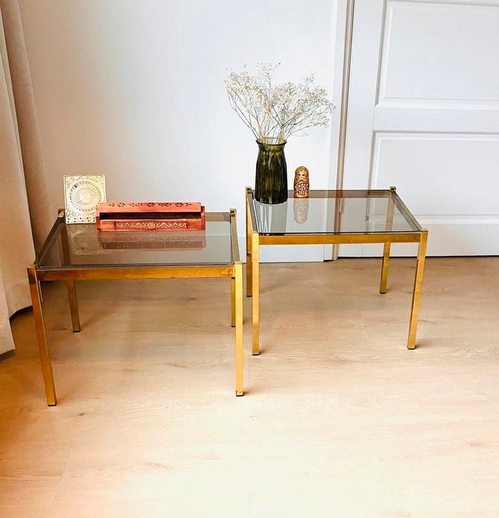 Vintage set van 2 messing bijzettafeltjes, Huis en Inrichting, Tafels | Bijzettafels, Zo goed als nieuw, Rechthoekig, Minder dan 45 cm