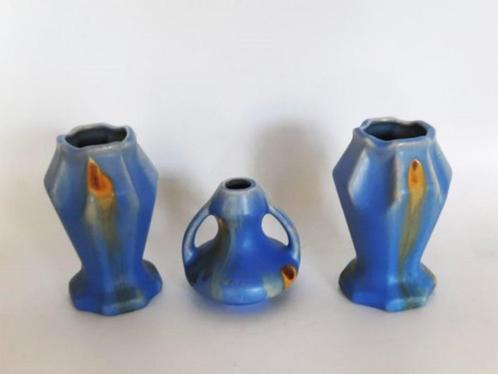 Belgisch aardewerk, Thulin Faiencerie, drie vaasjes, Huis en Inrichting, Woonaccessoires | Vazen, Zo goed als nieuw, Blauw, Aardewerk of Porselein
