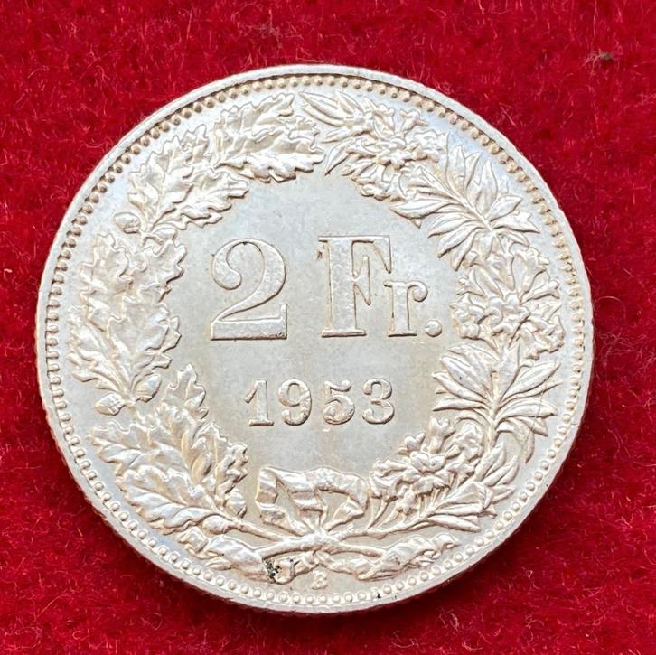 Oude zilveren Zwitserse munt van 2 frank uit 1953, Antiek en Kunst, Antiek | Zilver en Goud, Zilver, Ophalen of Verzenden