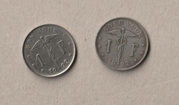 België : 2 (gebruikte) munten van 1 fr, 1922, NL en FR beschikbaar voor biedingen