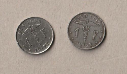 België : 2 (gebruikte) munten van 1 fr, 1922, NL en FR, Postzegels en Munten, Munten | België, Setje, Ophalen of Verzenden