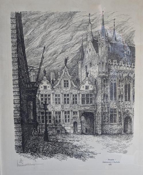 grafisch werk - Brugge stadhuis - onleesbaar - in kader, Antiek en Kunst, Kunst | Litho's en Zeefdrukken, Ophalen of Verzenden