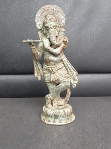 Standbeeld van Ganesh die fluit speelt/Ganapati/Bronze/India