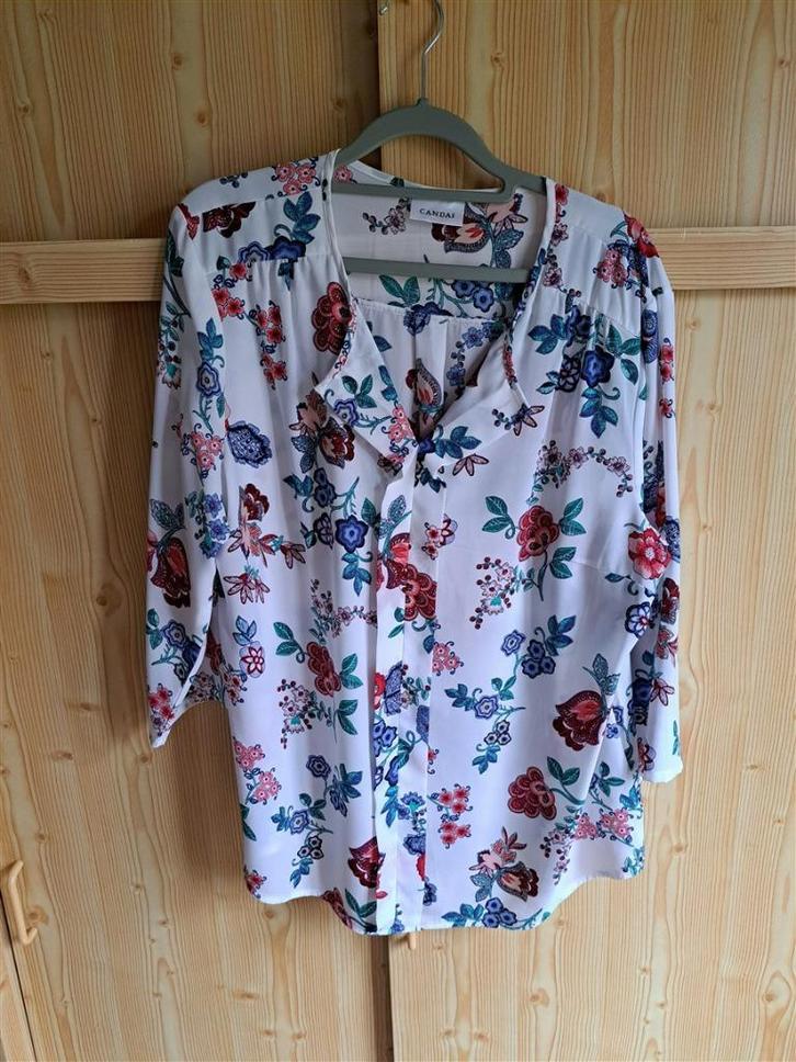 Blouse met driekwartmouw wit met kleurige bloemen maat 46, Kleding | Dames, Blouses en Tunieken, Zo goed als nieuw, Maat 46/48 (XL) of groter