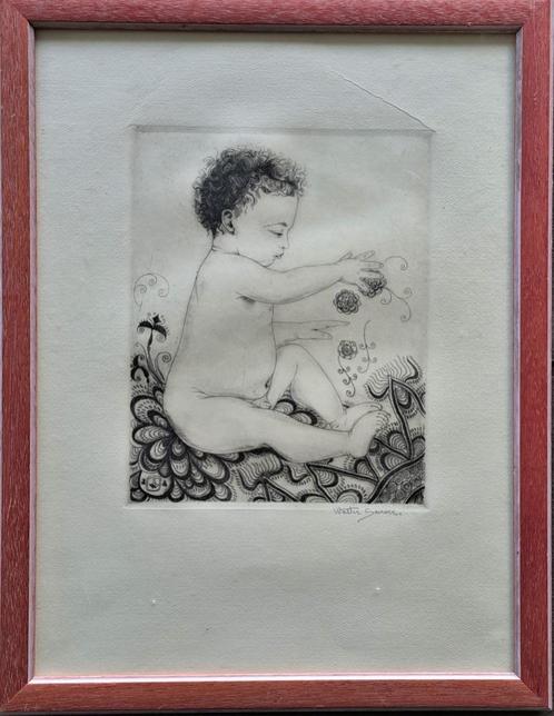 Walter Sauer 1889-1927 " Kind met bloemen", Antiek en Kunst, Kunst | Schilderijen | Klassiek, Ophalen of Verzenden