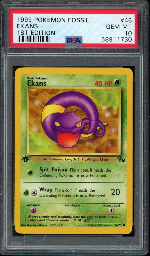 Ekans 1st Edition PSA 10 - 46/62 - Fossil 1999, Hobby en Vrije tijd, Verzamelkaartspellen | Pokémon, Zo goed als nieuw, Losse kaart