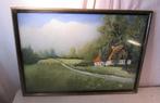 Prachtige Oude Pastelkrijt Tekening 'Boerderij en Wei' - RL, Antiek en Kunst, Ophalen of Verzenden