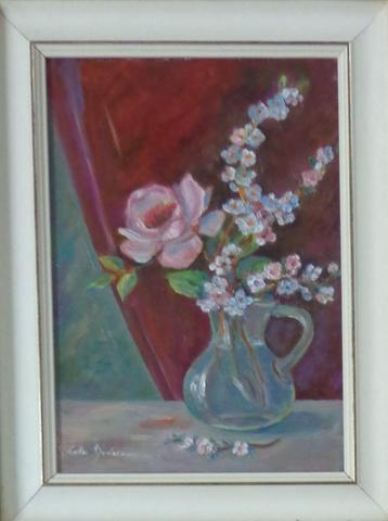 ONLEESBAAR / BLOEMEN IN VAAS / OLIEVERF DOEK / 55x45cm KADER beschikbaar voor biedingen