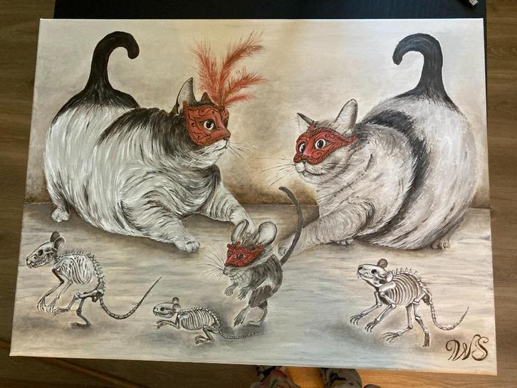 Cat and mouse game with a nod to ensor, Antiek en Kunst, Kunst | Schilderijen | Abstract, Ophalen of Verzenden