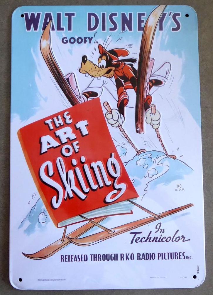 Disney metalen plaat „Goofy in The Art of Skiing”, Verzamelen, Disney, Gebruikt, Goofy of Pluto, Ophalen of Verzenden