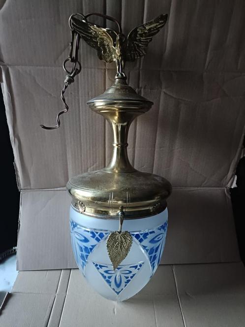 Antiek kristal hal lamp met koperen bol, vintage verlichting, Antiek en Kunst, Antiek | Verlichting, Ophalen