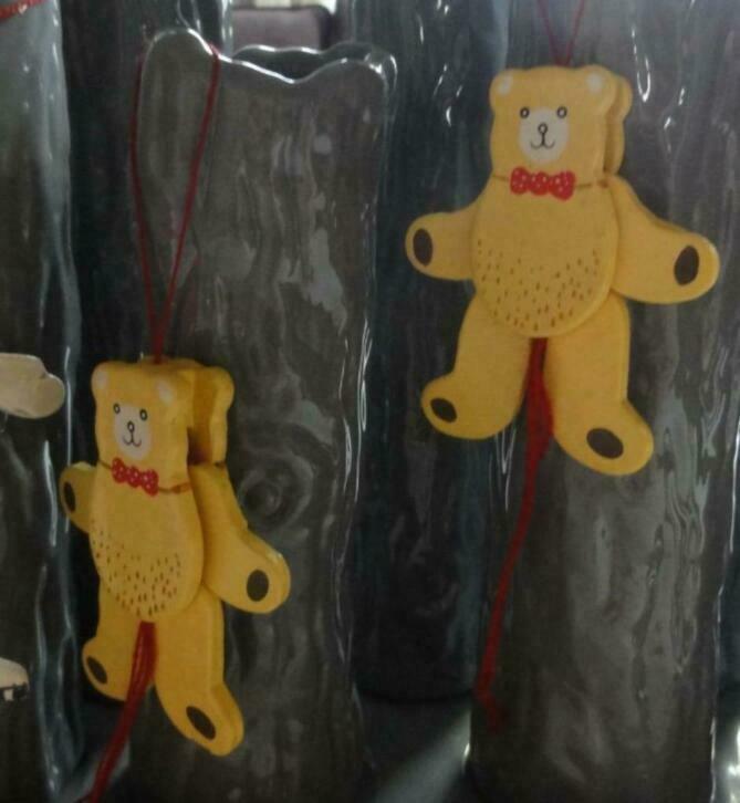 2 Kleine houten trekpoppetjes, gele beertjes, Diversen, Kerst, Gebruikt, Ophalen of Verzenden