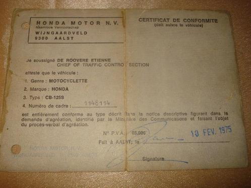 Ancien Certificat de Conformité Moto HONDA CB-125S 1975, Motos, Modes d'emploi & Notices d'utilisation, Honda, Enlèvement ou Envoi