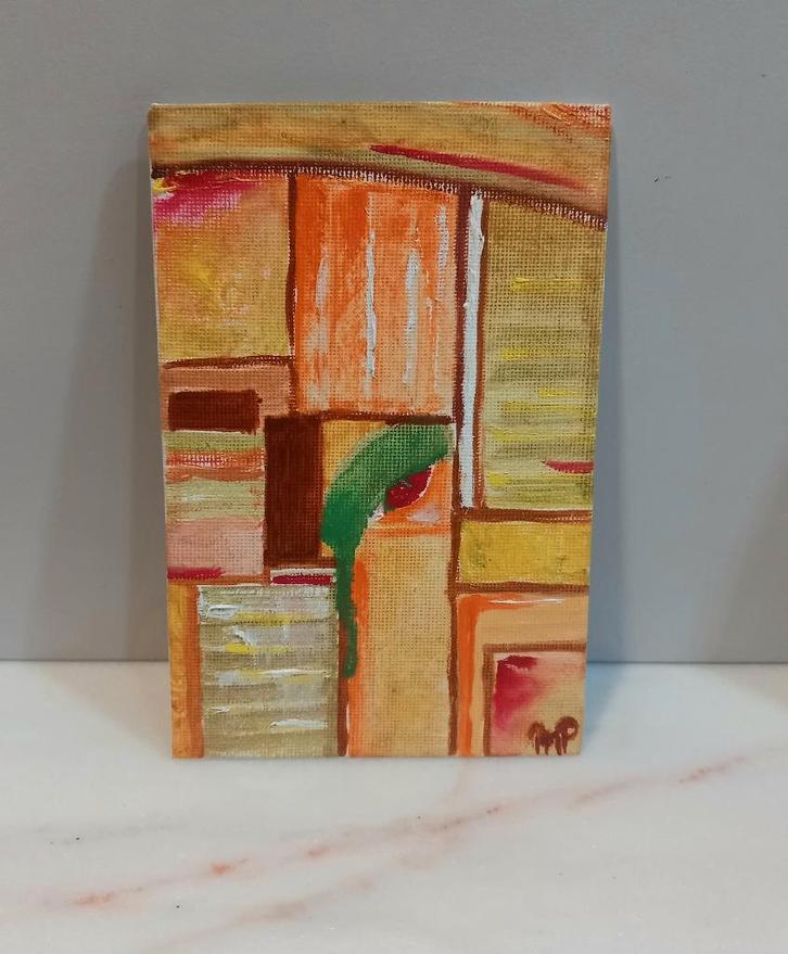 Kleurrijk 'grafisch' schilderijtje, 10x15 cm, olieverf, Antiek en Kunst, Kunst | Schilderijen | Abstract, Verzenden