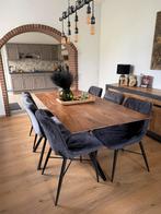 Eettafel in mangohout + 6 stoelen – industrieel, Huis en Inrichting, Ophalen, 50 tot 100 cm, Zo goed als nieuw, Vijf personen of meer