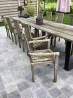 Tafel in steiger hout en 8 teak stoelen ,gebruikte staat, Jardin & Terrasse, Chaises de jardin, Empilable, Enlèvement, Utilisé