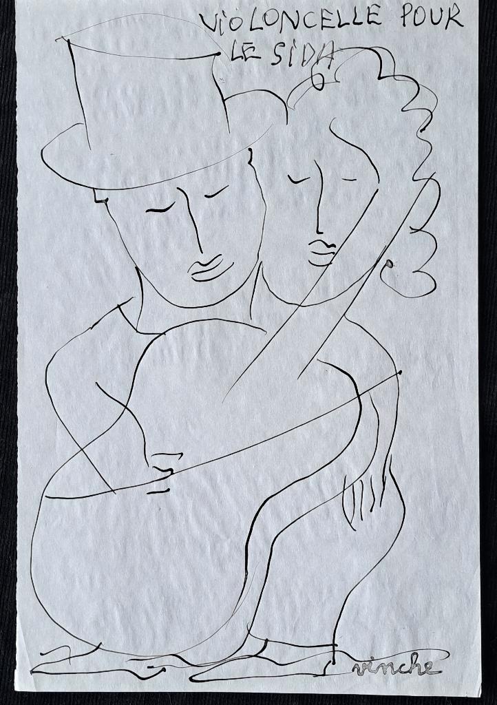 Lionel Vinche 1936 Stifttekening Violoncelle pour le sida, Antiek en Kunst, Kunst | Schilderijen | Modern, Ophalen of Verzenden
