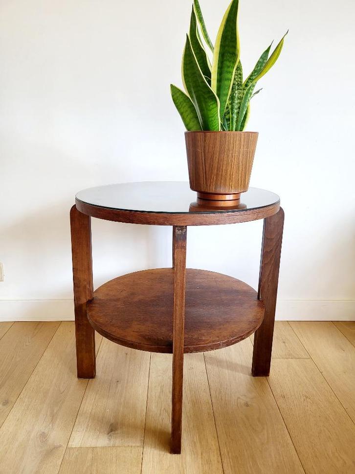Art Deco ronde bijzettafel of plantentafel, hout, Antiek en Kunst, Curiosa en Brocante, Ophalen