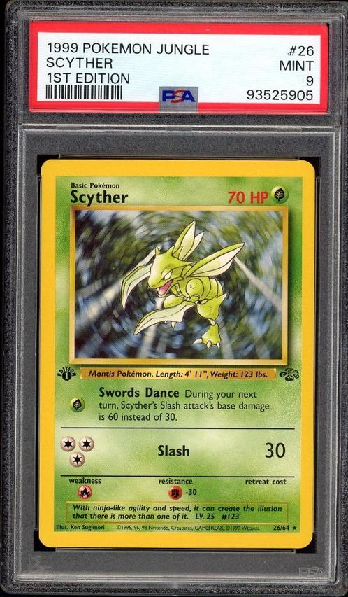 Scyther 1st Edition PSA 9 - 26/64 - Jungle 1999, Hobby en Vrije tijd, Verzamelkaartspellen | Pokémon, Zo goed als nieuw, Losse kaart