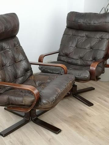 prachtige set  deense lederen patchwork draaistoelen beschikbaar voor biedingen