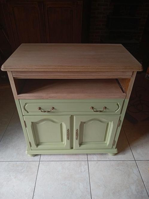 Uniek gerestaureerd vintage kastje – olijfgroen & eikenhout, Huis en Inrichting, Kasten | Wandmeubels, Nieuw, Eikenhout, Ophalen