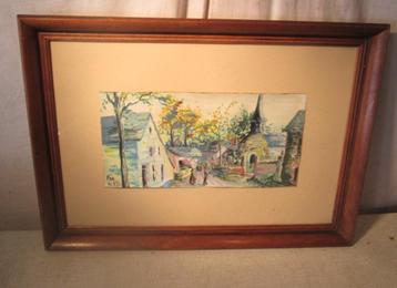 Mooi Aquarel 'Mensen in het Dorp' - Maie Hiseite beschikbaar voor biedingen