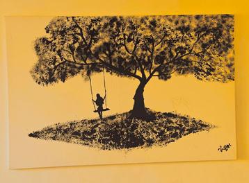 Origineel Kunstwerk - Monochroom Schilderij van Boom met Sch beschikbaar voor biedingen