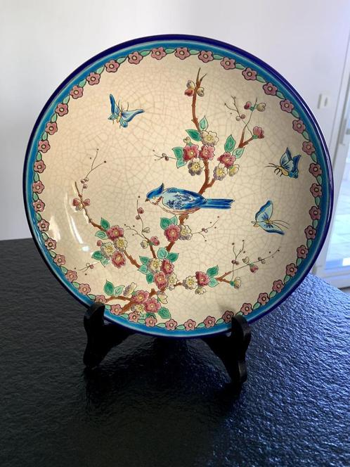 Longwy emaille plaat. Prun vogel- en bloemenpatroon, Antiek en Kunst, Antiek | Wandborden en Tegels, Ophalen of Verzenden
