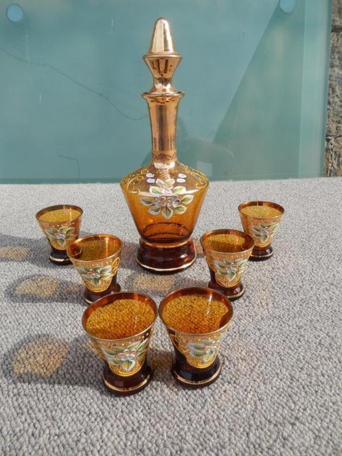 set karaf met 6 glaasjes handgeschilderd, Antiek en Kunst, Antiek | Glaswerk en Kristal, Ophalen of Verzenden