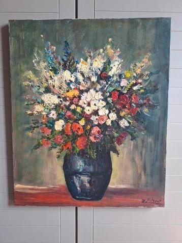 Schilderij op doek, vaas met bloemen, M. Lietaert, Enlèvement