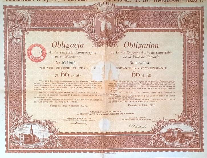 Obligation de  la ville de Varsovie - 1931 - 66,50zl., Postzegels en Munten, Aandelen en Waardepapieren, Obligatie of Lening, 1920 tot 1950