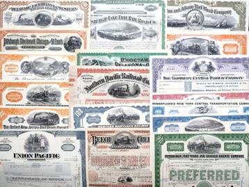 19 originele oude Amerikaanse spoorwegaandelen beschikbaar voor biedingen