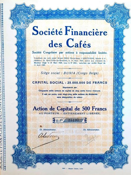 Société Financière des Cafés 1929, Postzegels en Munten, Aandelen en Waardepapieren, Aandeel, 1920 tot 1950, Ophalen of Verzenden