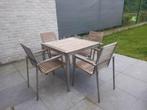 Tuinset tuintafel + 4 stoelen design JATI KEBON inox + teak, Tuin en Terras, Ophalen of Verzenden, Zo goed als nieuw, Inox, Tuinset