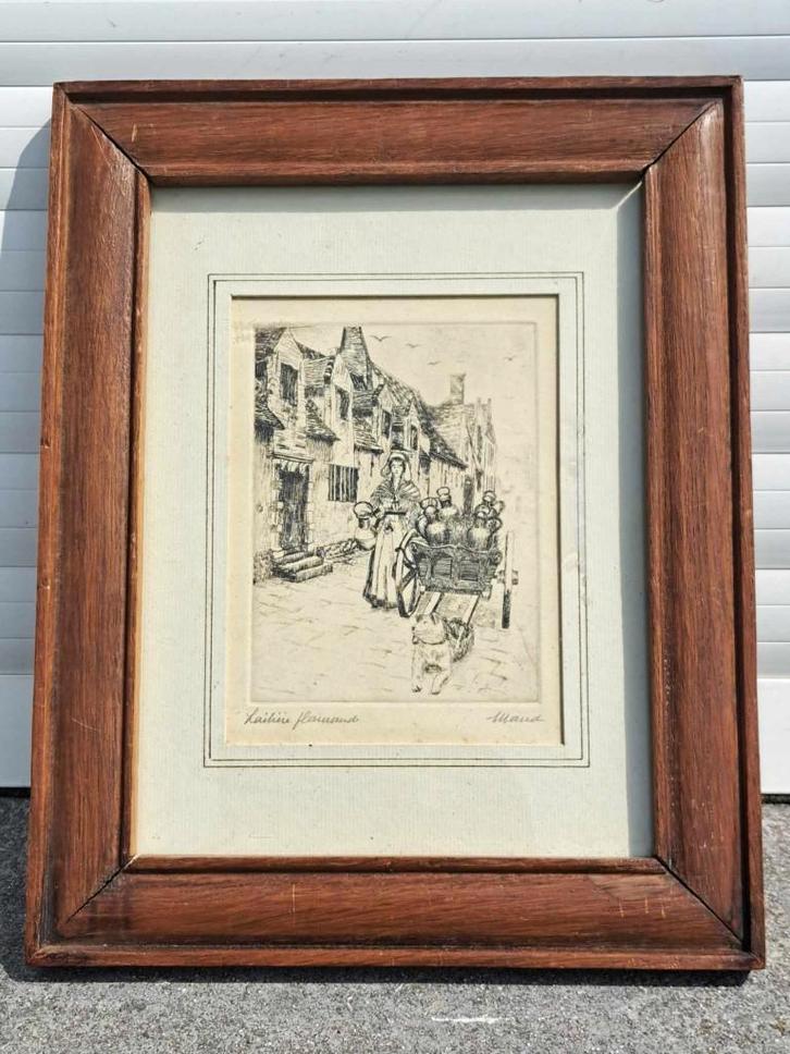 eau forte laitiere flamand signe maud, Antiquités & Art, Art | Eaux-fortes & Gravures, Enlèvement ou Envoi