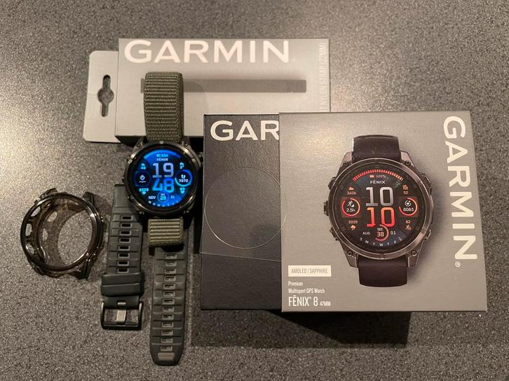 Garmin Fenix 8 47mm met titanium behuizing + accessoires, Handtassen en Accessoires, Sporthorloges, Zo goed als nieuw, Groen, Ophalen
