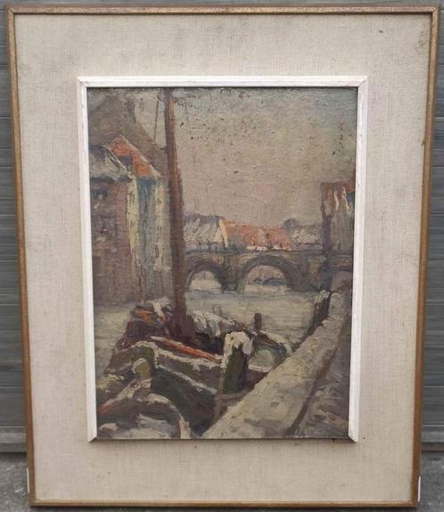 Huile sur panneau péniche a quai signe Auguste de roisin, Antiek en Kunst, Kunst | Schilderijen | Klassiek, Ophalen of Verzenden