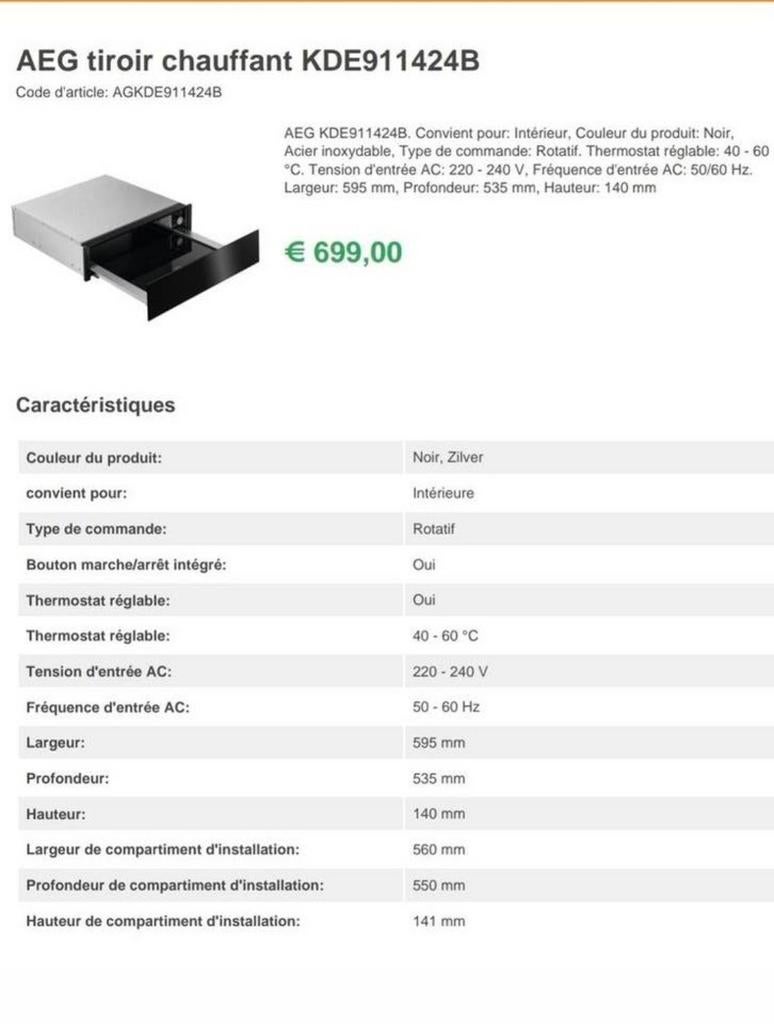 Tiroir chauffant AEG NEUF EMBALLÉ, Enlèvement