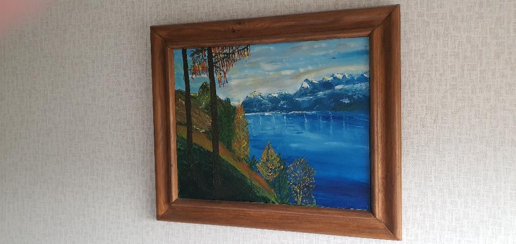 Schilderij met besneeuwde bergtoppen in eikenhout lijst, Ophalen of Verzenden