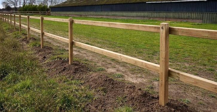 94 m houten paardenhek 2 liggers, Jardin & Terrasse, Clôtures de jardin, Neuf, Bois, Enlèvement