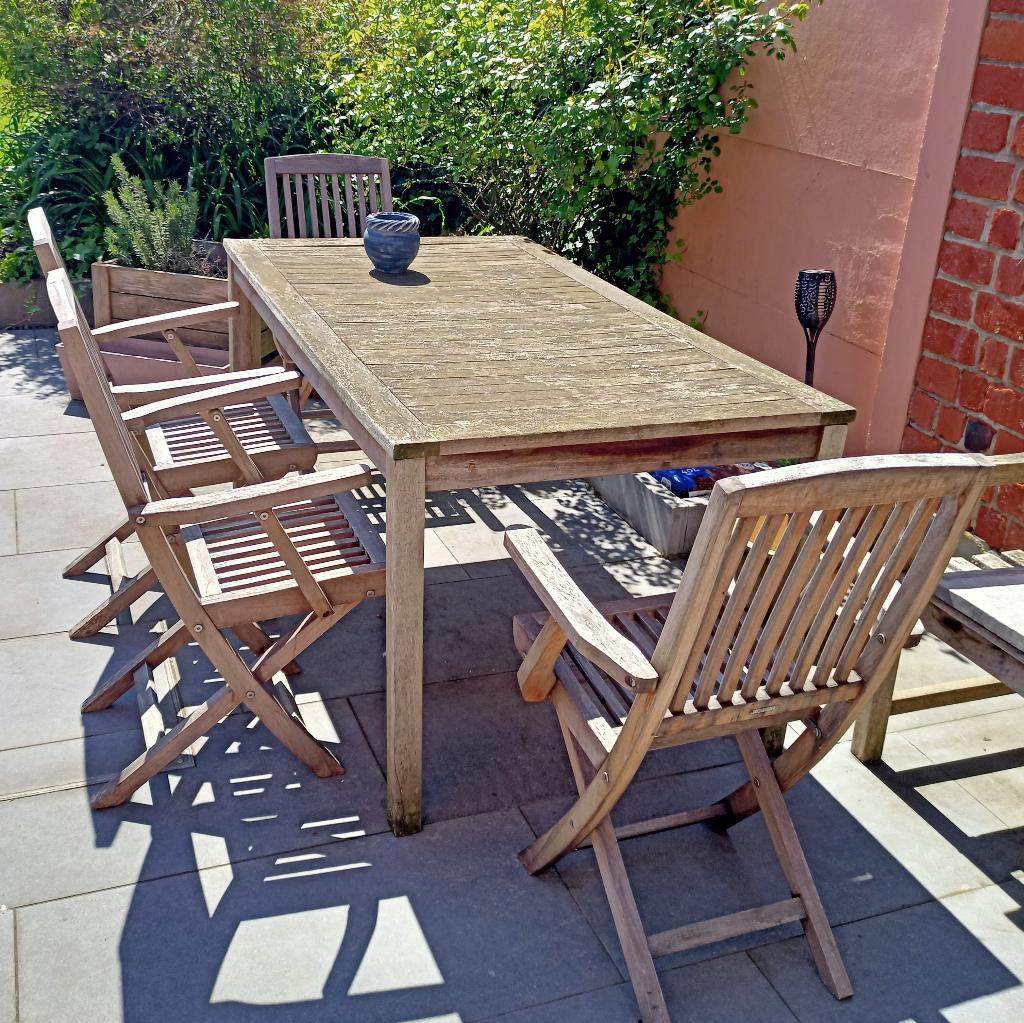 Teaken tafel + 4 teaken stoelen, Jardin & Terrasse, Ensembles de jardin, Chaise, Salons de jardin, Comme neuf, Enlèvement